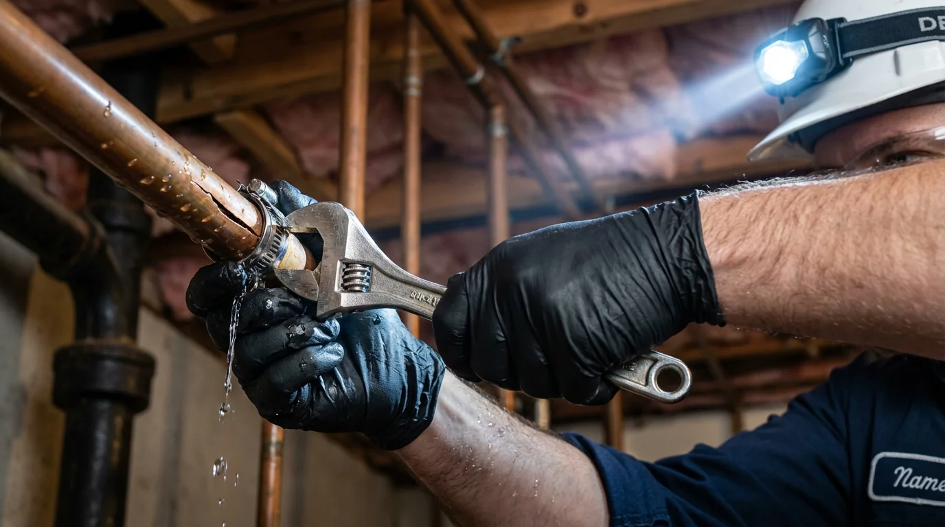 Emergency pipe clamp repair being performed by a Johns Plumbing LLC plumber in Granbury